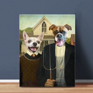 Custom American Gothic Funny Canvas for Couples, Pet and Pet Owner, Pet Couples